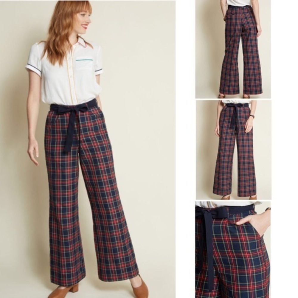 NWOT ModCloth Savannah Plaid Wide Leg Red Blue New